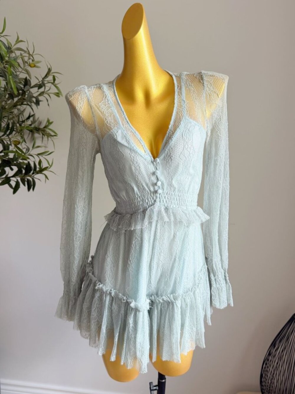 Sage Green Lace Deep V Ruffle Romper Size S